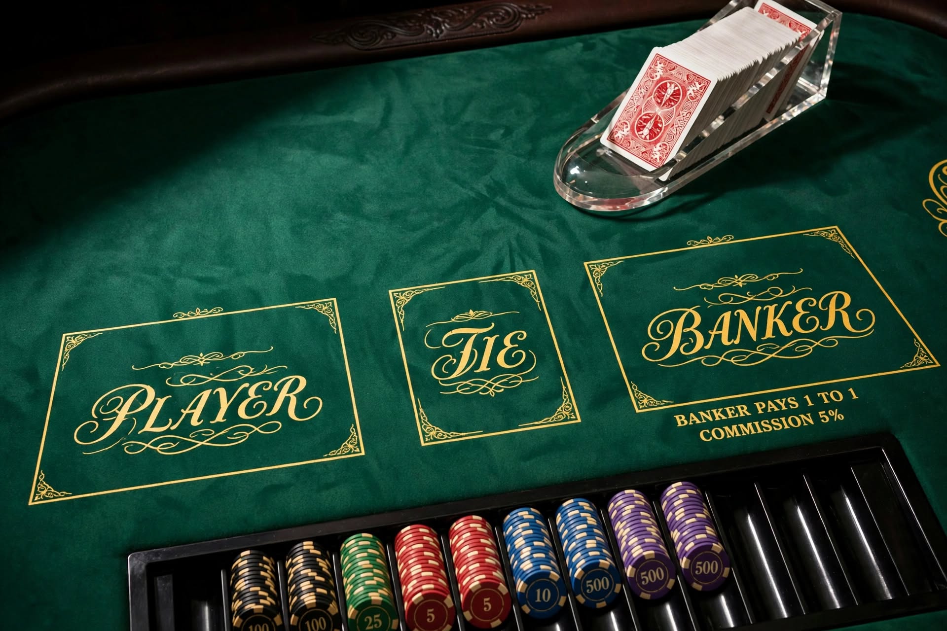 Felt layout of a baccarat table displaying Player, Banker, and Tie betting boxes
