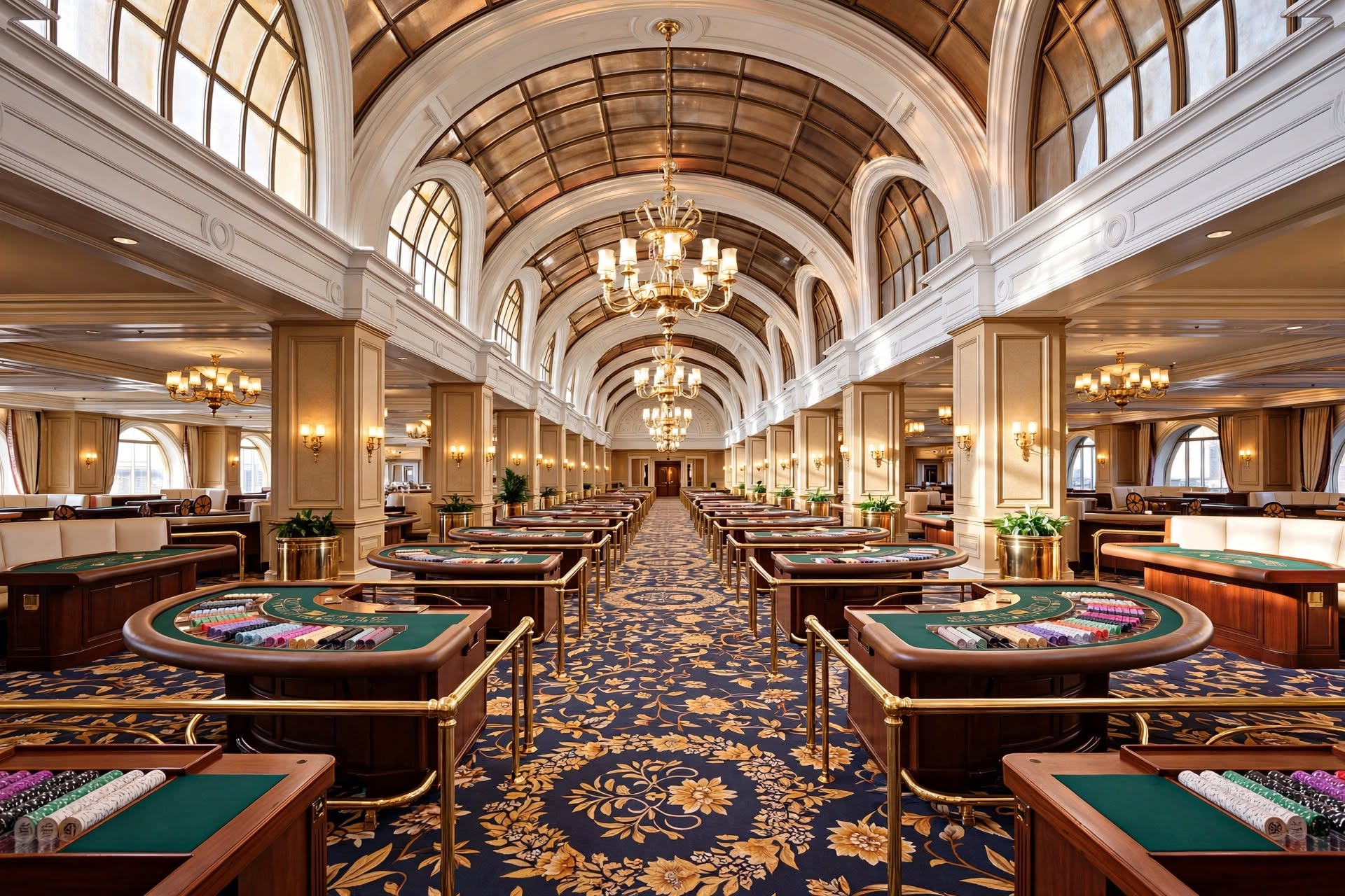 Elegantly appointed blackjack and roulette tables on the Bellagio gaming floor