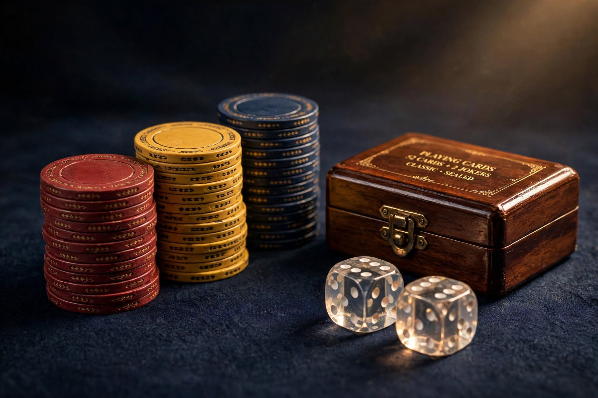 Overhead view of active felt poker tables with chips and professional dealers