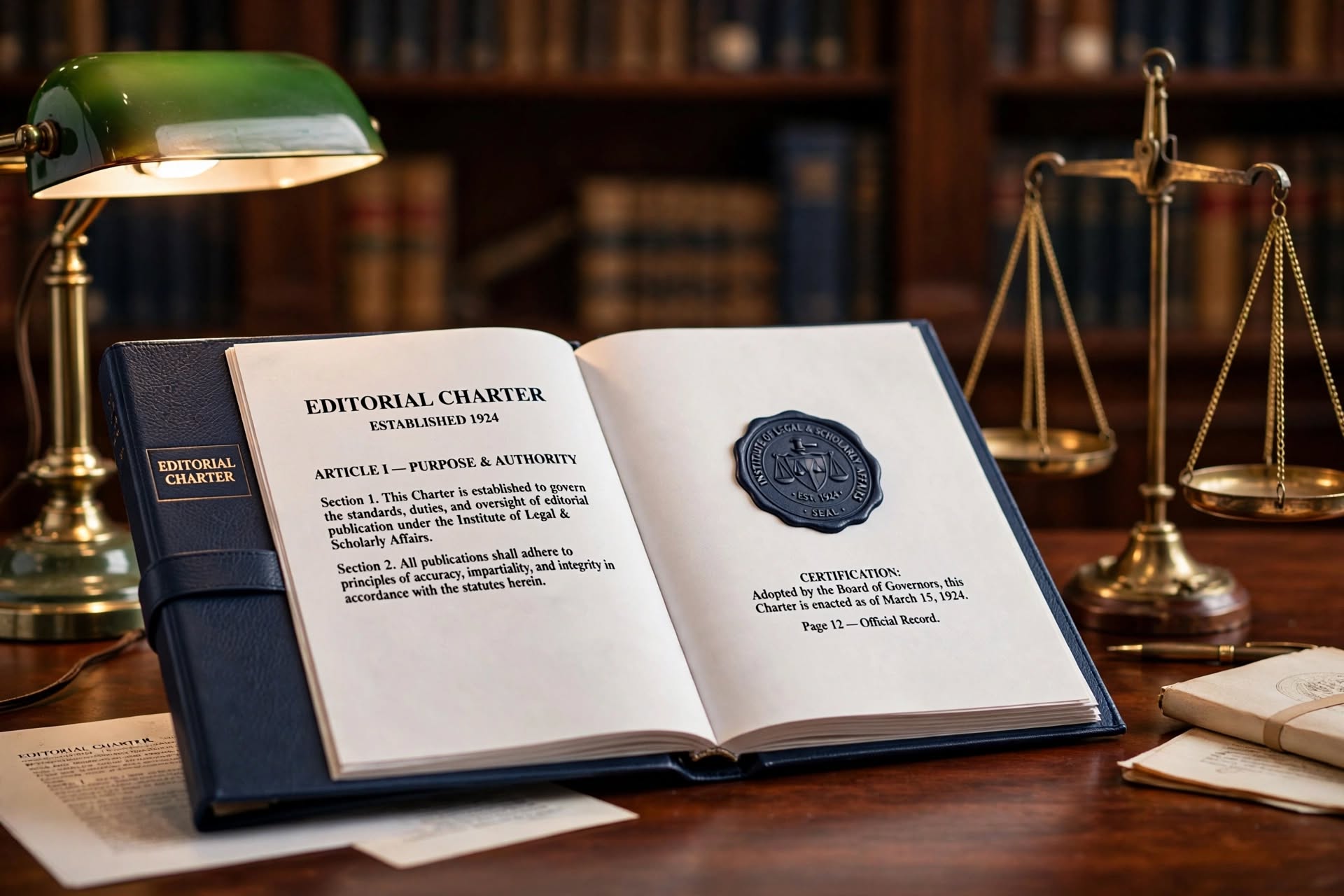 Bound editorial charter document resting on a wooden table with a pen