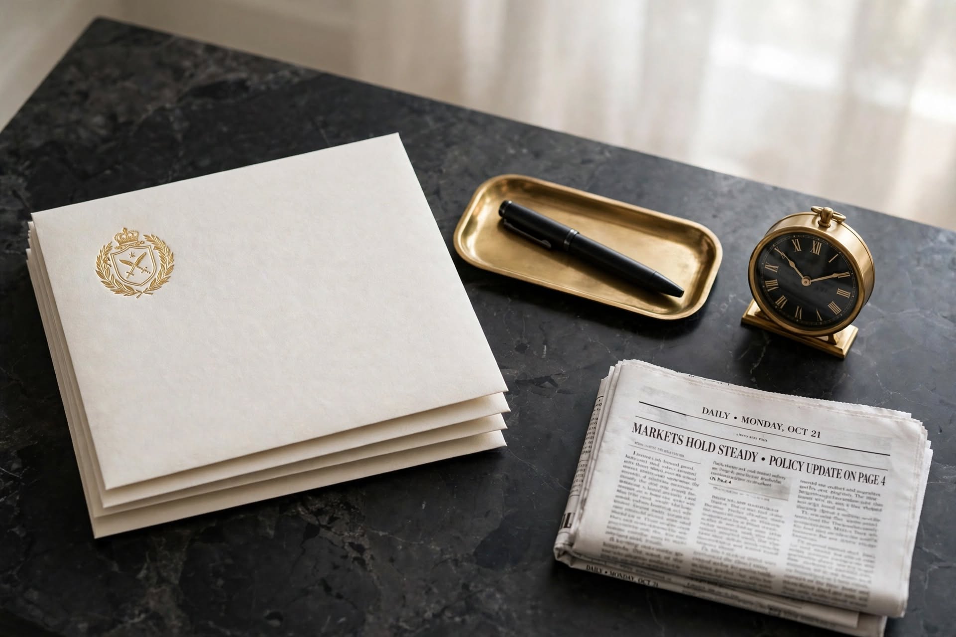 Organized editorial desk with correspondence letters, writing pens, and telephone