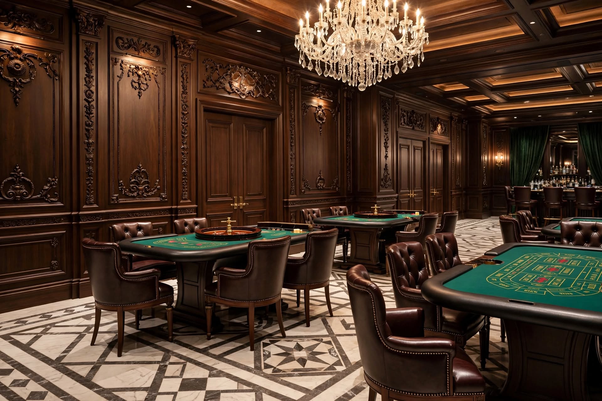 Vast four-level gaming atrium with crystal chandeliers at Marina Bay Sands