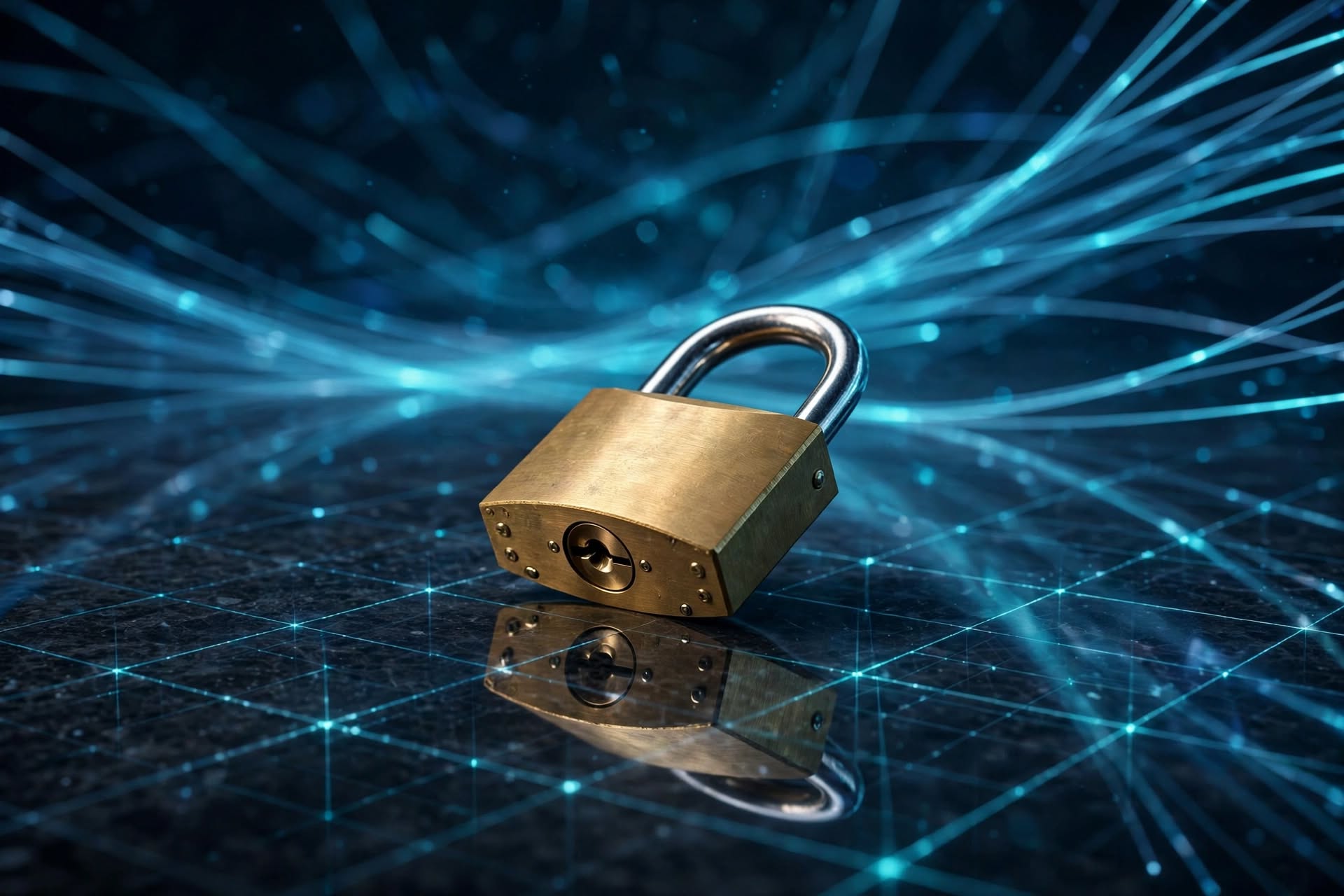 Digital security and data protection interface graphic with padlock icon