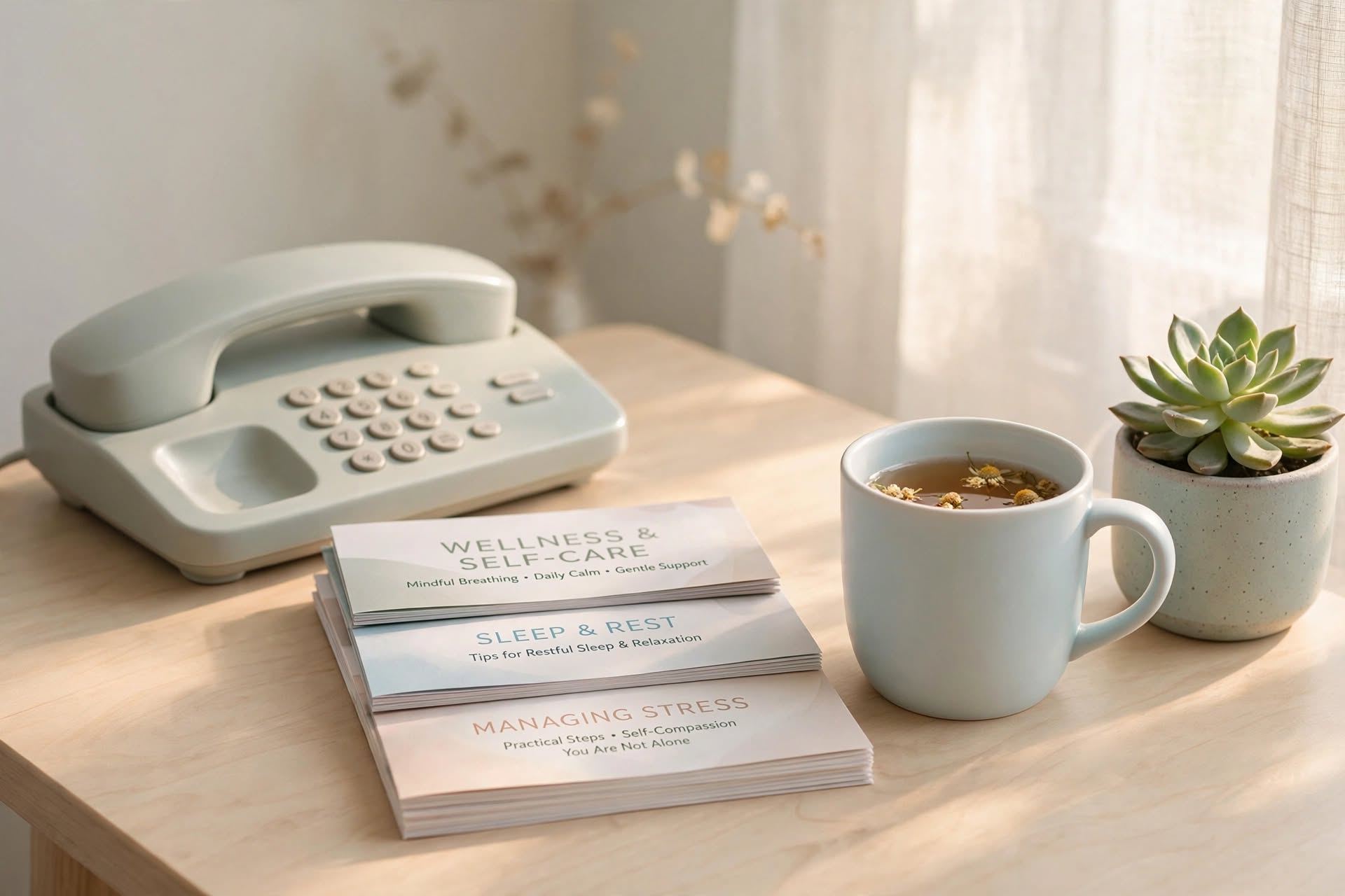Compassionate support setting with telephone and informational brochures on player welfare