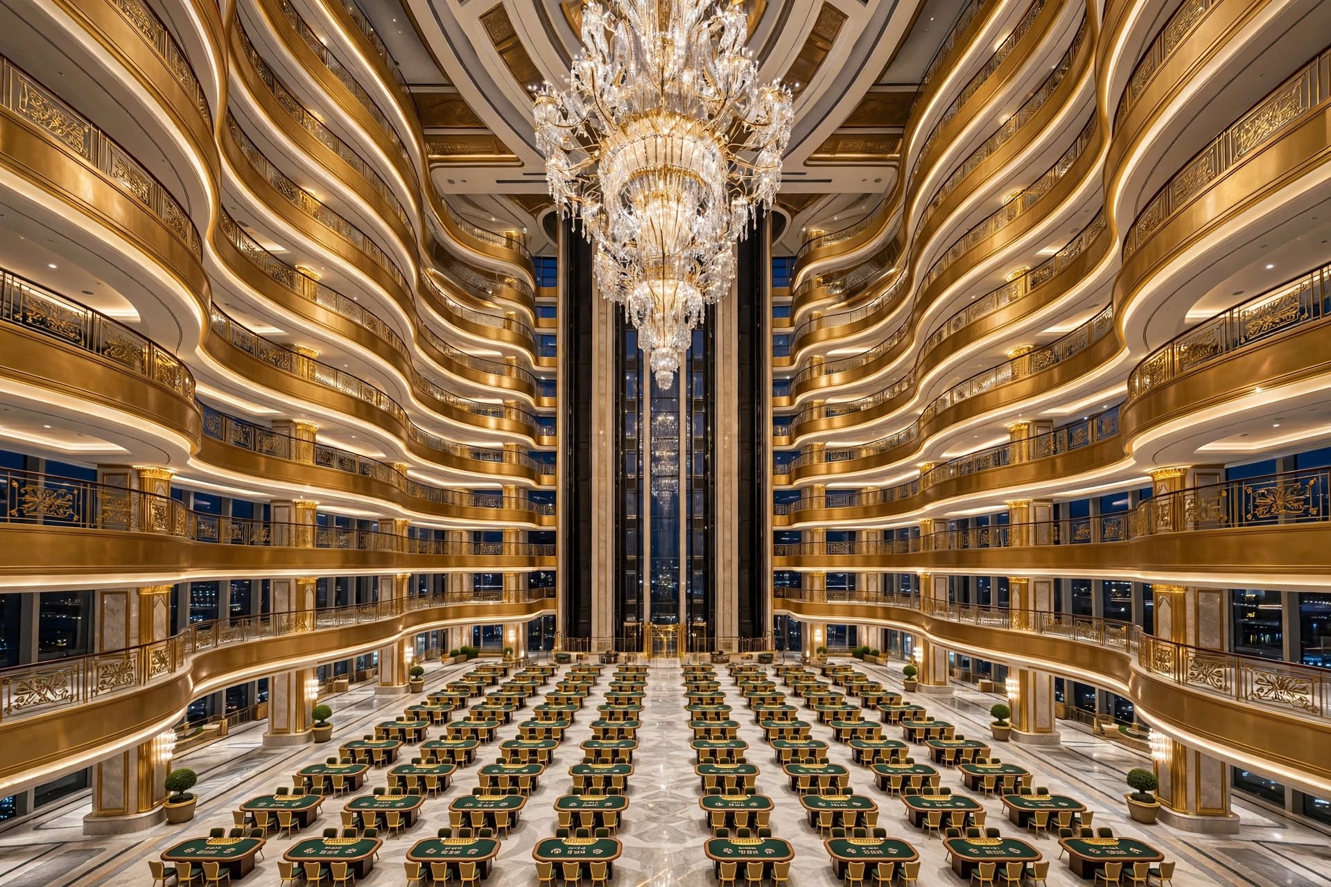 Expansive gaming floor packed with baccarat tables under golden arches at The Venetian Macao
