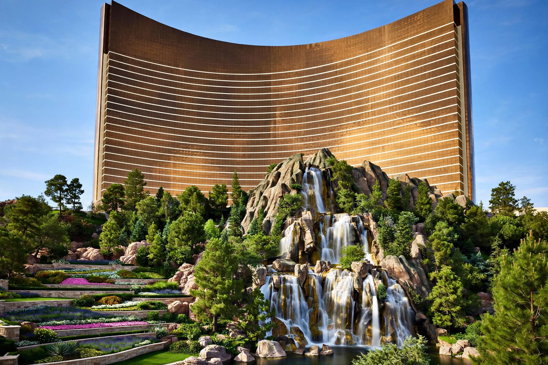 Curved bronze glass facade of Wynn Las Vegas tower framed by lush gardens